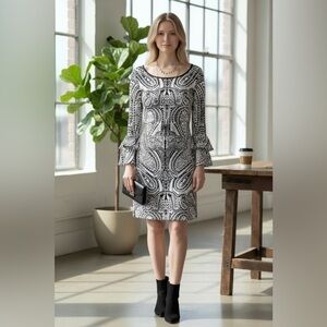 BOSTON PROPER Black and White Patterned Sheath Dress - SZ 10 LG